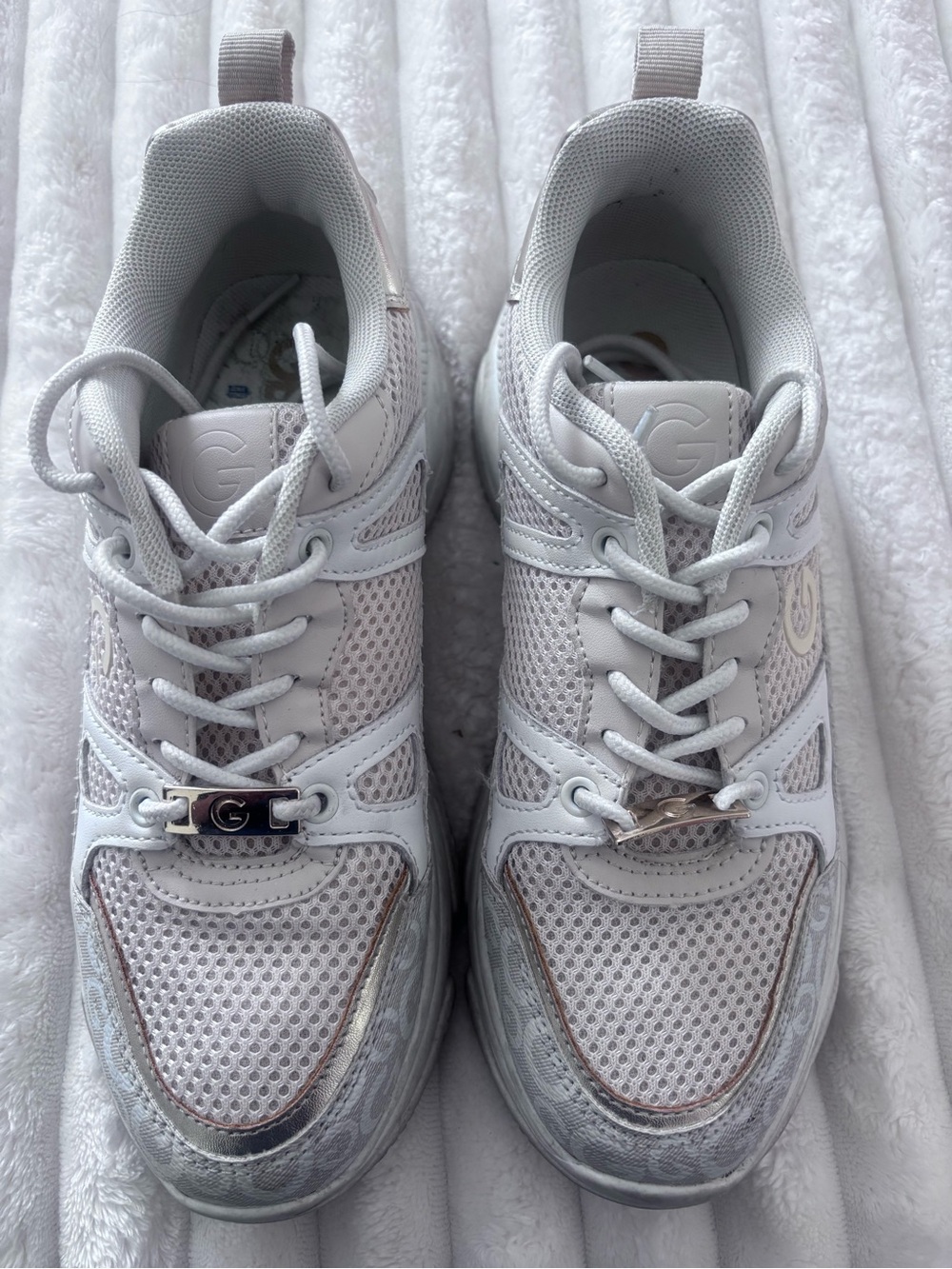 G by Guess White & Silver Women's Mesh Lace-Up Sneakers